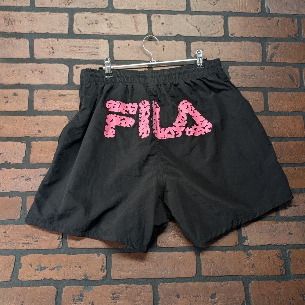 Vintage FILA 90s Black Nylon Running Tennis Shorts Made in USA Pink Spellout XL